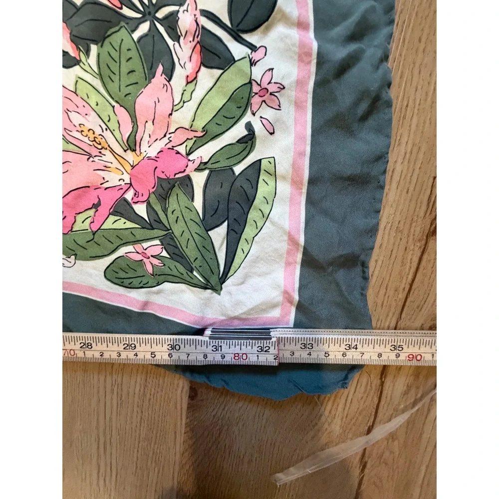 Vintage J.Crew Square Silk Scarf Green Pink Floral Botanical Print 32x34